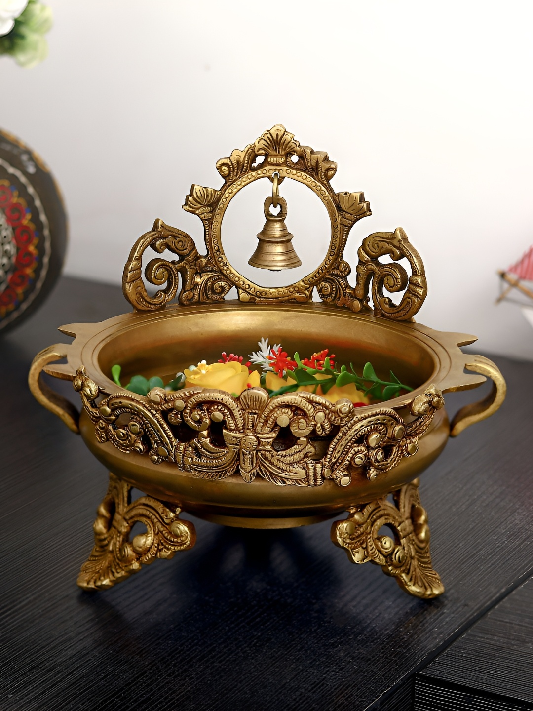 

Chokhi Dhani Kalagram Gold Toned Textured Brass Decorative Bowl With Bell