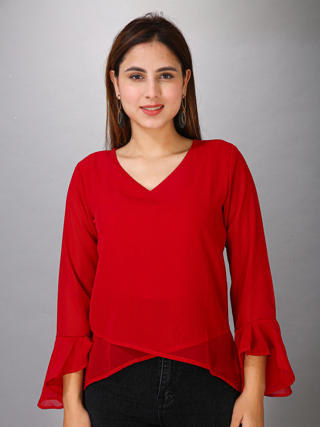 

MAIYEE Red V-Neck Bell Sleeves A-Line Top