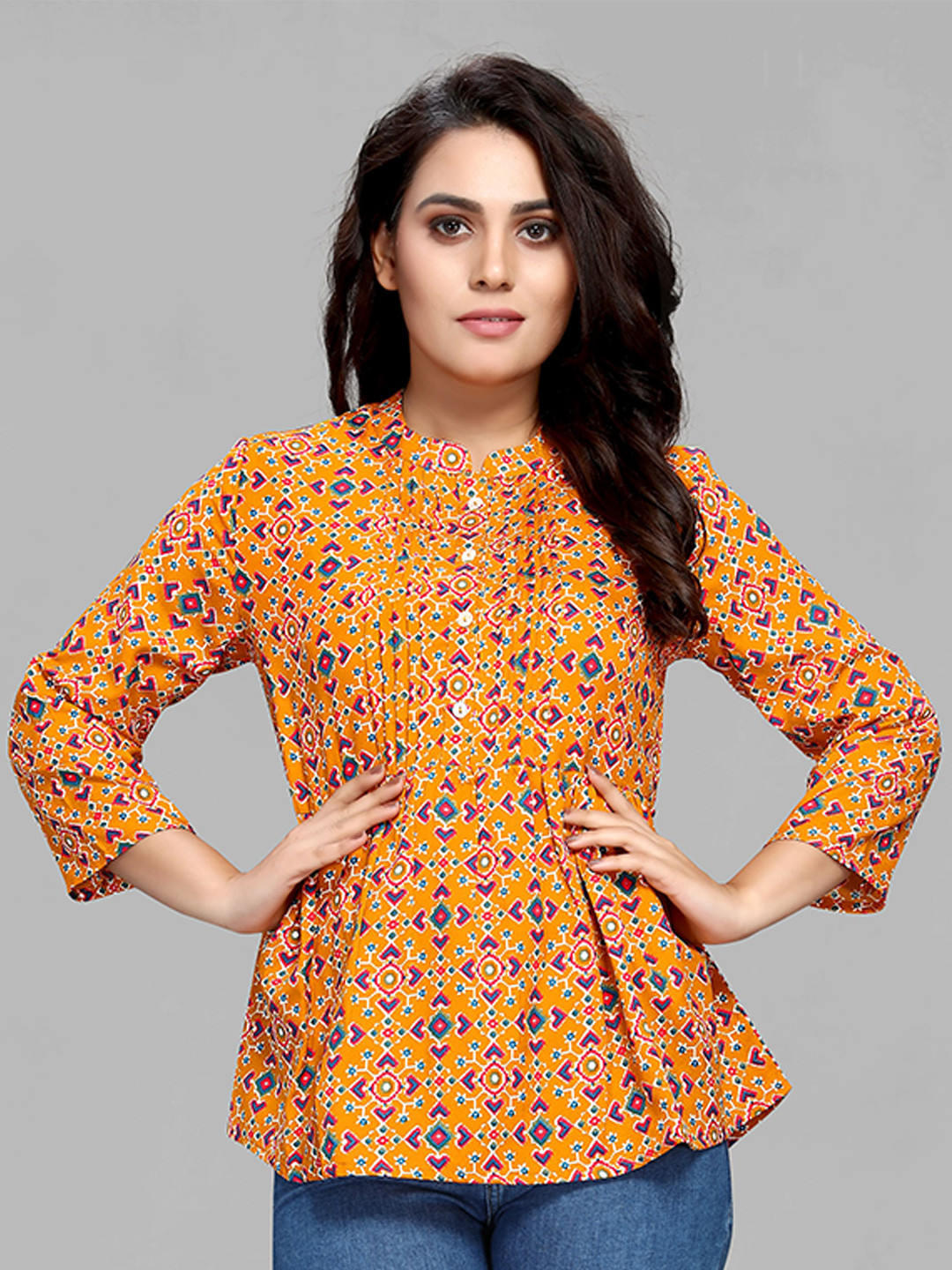 

MAIYEE Mustard Yellow Geometric Printed Mandarin Collar Top