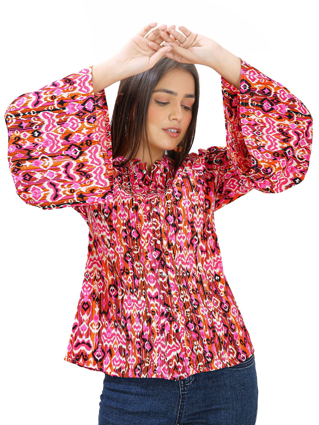 

MAIYEE Abstract Printed Mandarin Collar Bell Sleeve A-Line Top, Pink