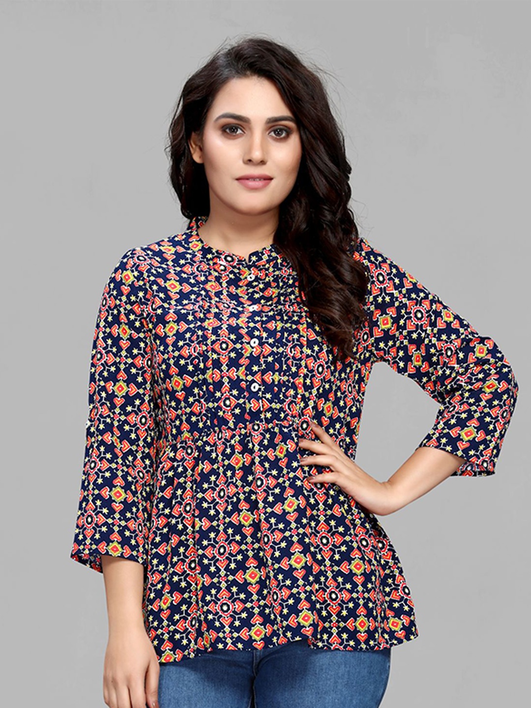 

MAIYEE Ethnic Motifs Printed Mandarin Collar A-Line Top, Blue