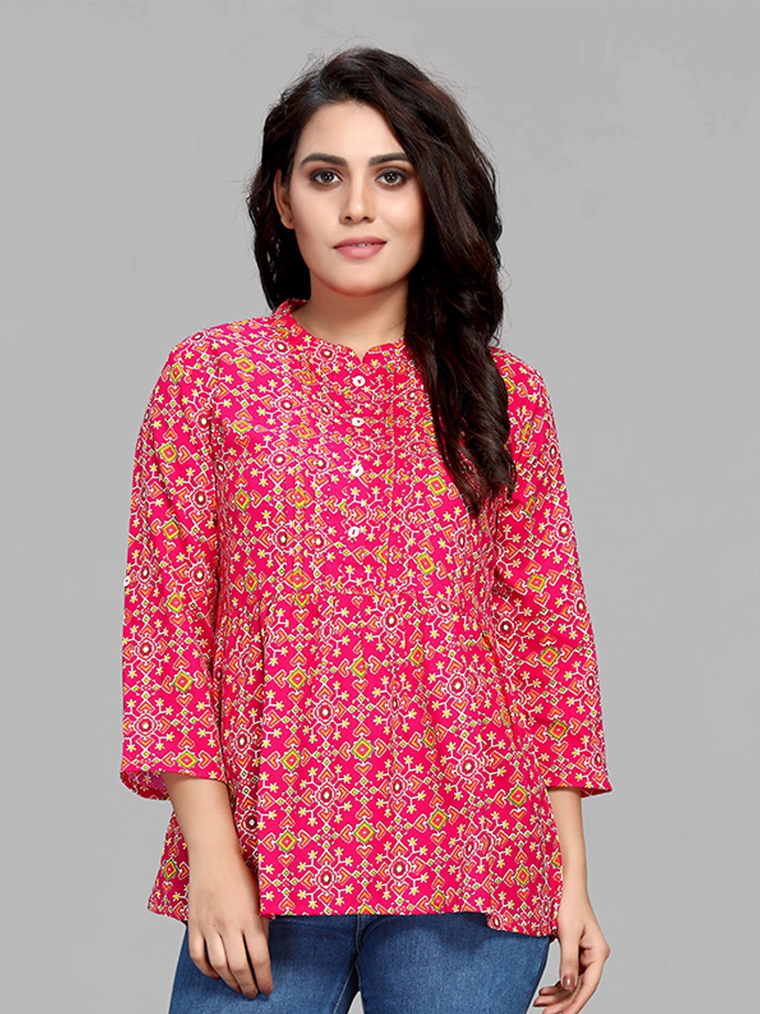 

MAIYEE Geometric Printed Mandarin Collar A-Line Top, Pink
