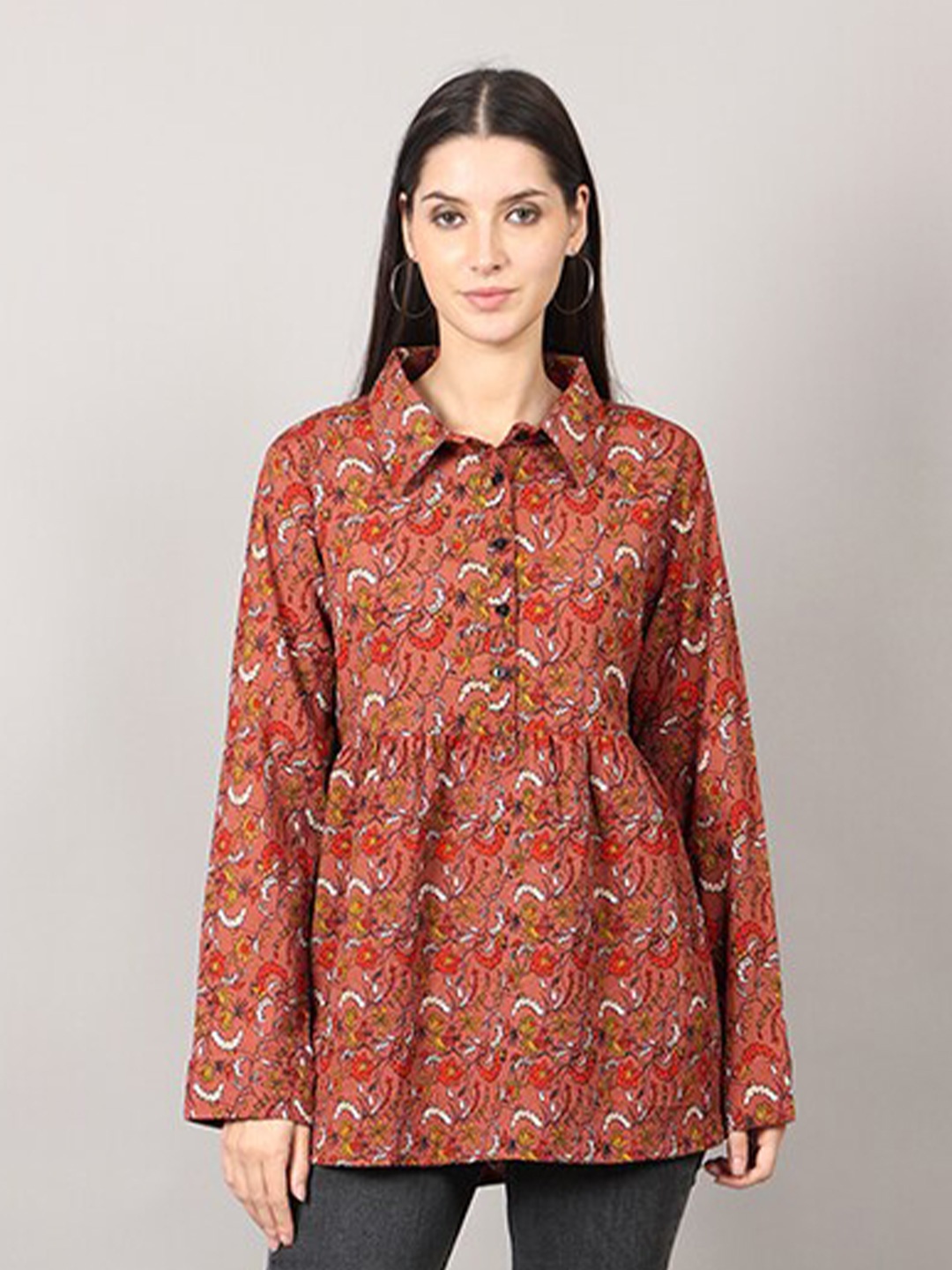 

MAIYEE Brown Floral Printed Shirt Style Top