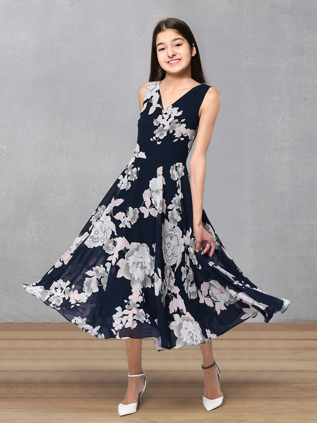

BAESD Girls Floral Print V-Neck Sleeveless Georgette Fit & Flare Midi Dress, Blue