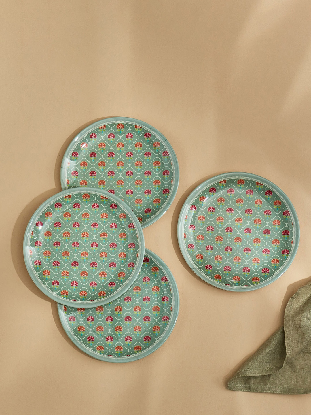 

Home Centre Green & Fuchsia 4 Pieces Melamine Floral Printed Food Platter Serveware