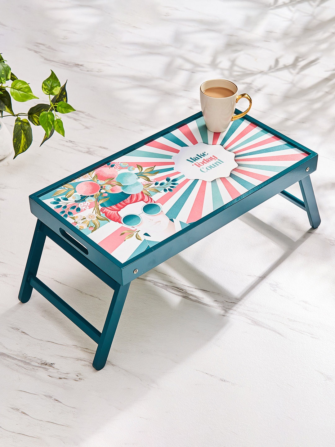 

Home Centre Teal Wooden Printed Foldable Breakfast Tray Serveware