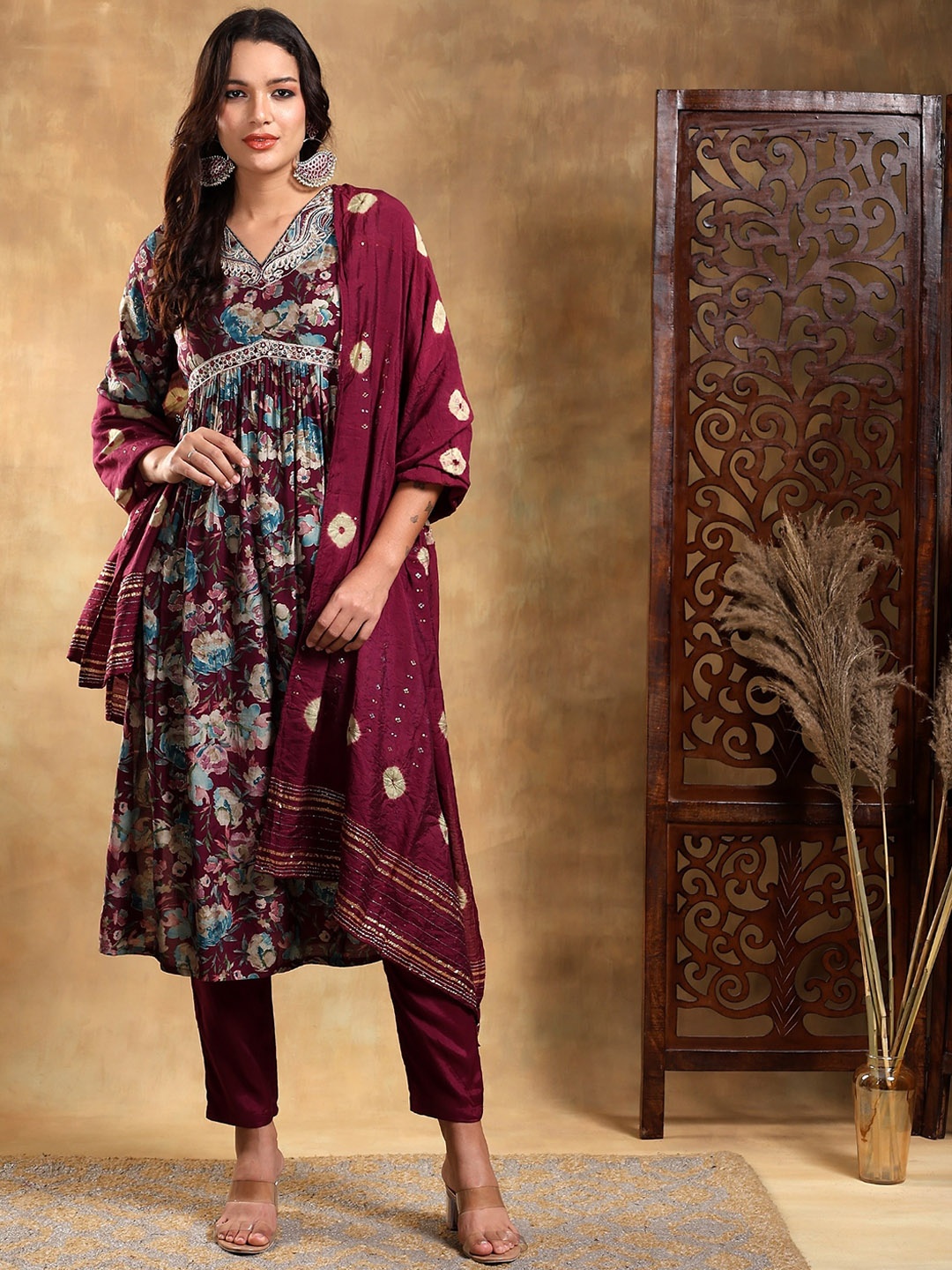 

Bani Women Floral Embroidered Pleated Kurta with Trousers & Dupatta, Purple