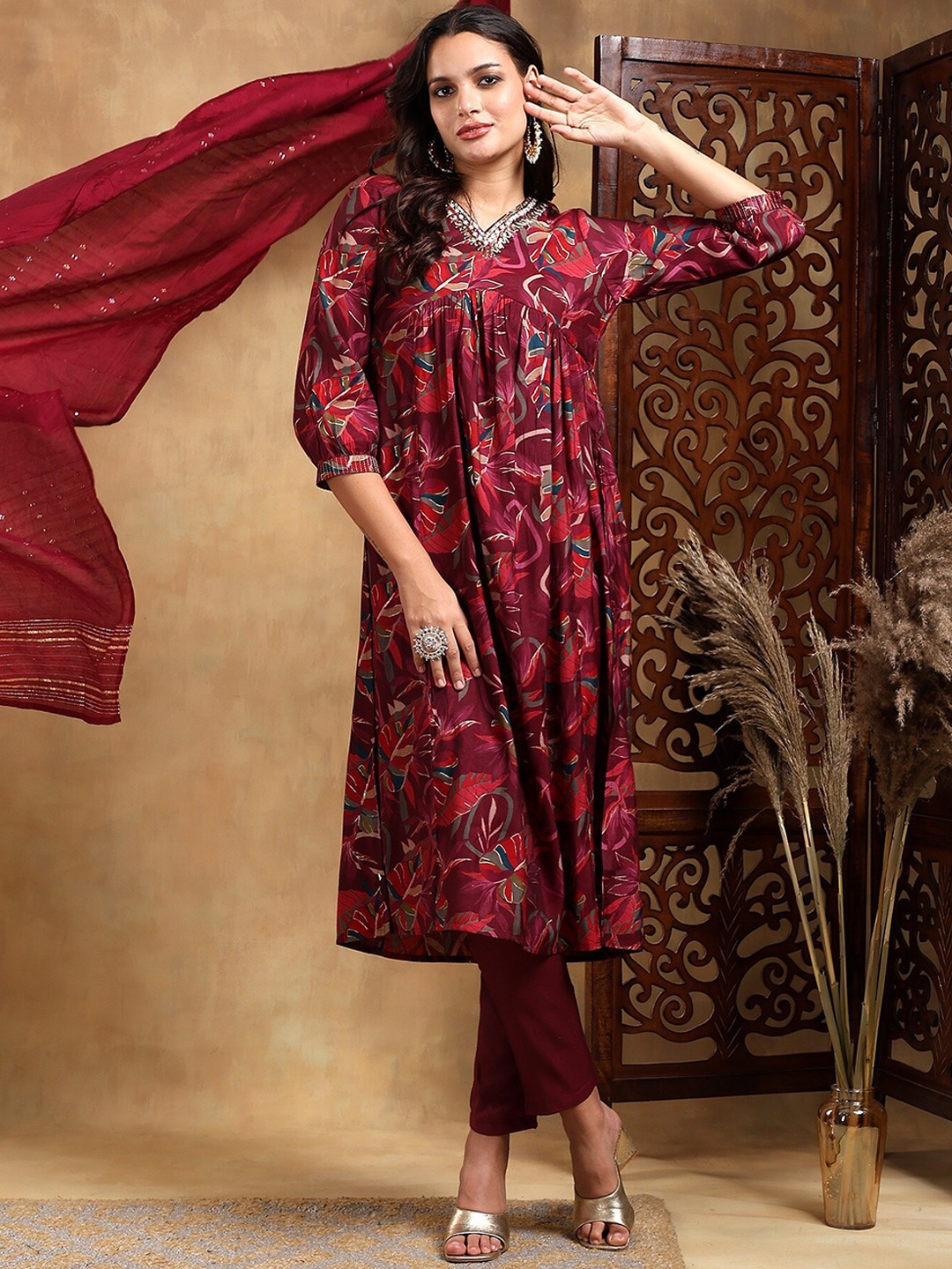 

Bani Women Floral Printed Embroidered Pleated Kurta with Trousers & Dupatta, Purple