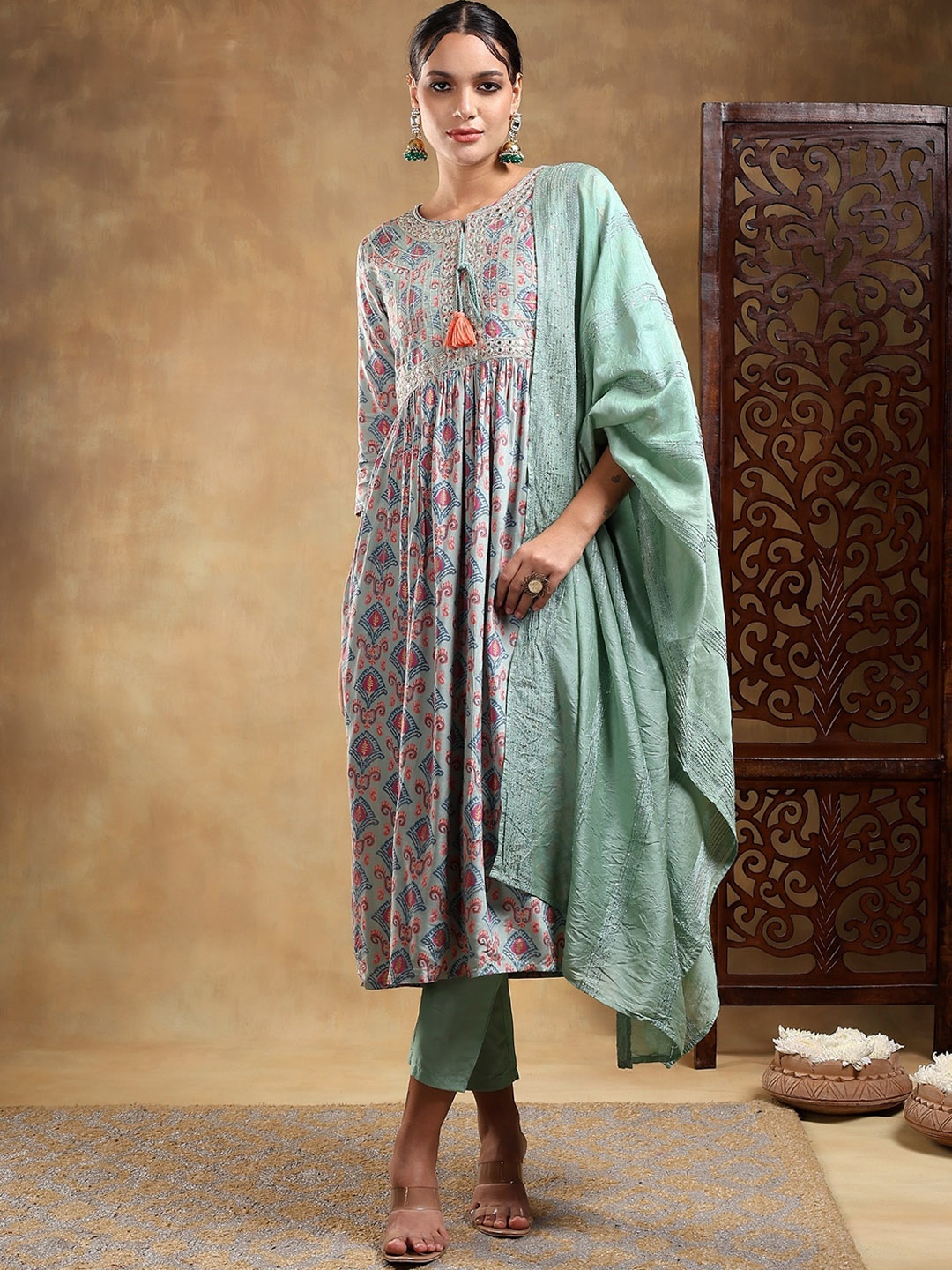 

Bani Women Ethnic Motifs Embroidered Pleated A-Line Kurta With Trousers & Dupatta, Green