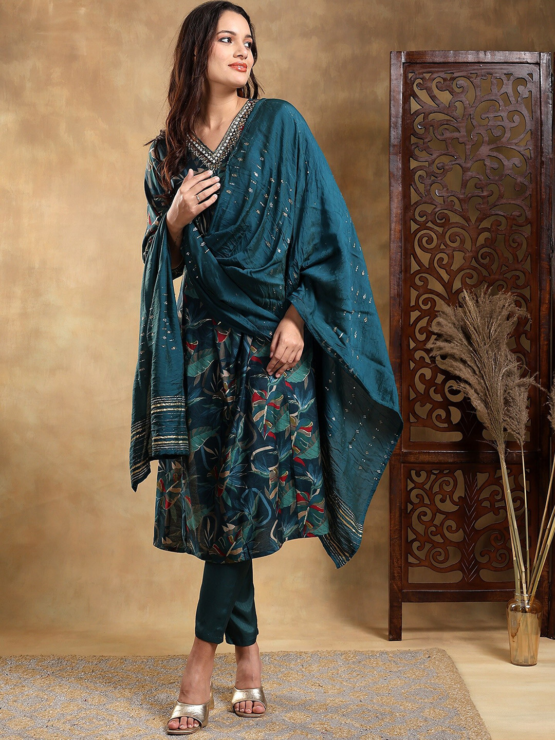 

Bani Women Floral Printed Embroidered Pleated Empire Kurta With Trouser & Dupatta, Blue