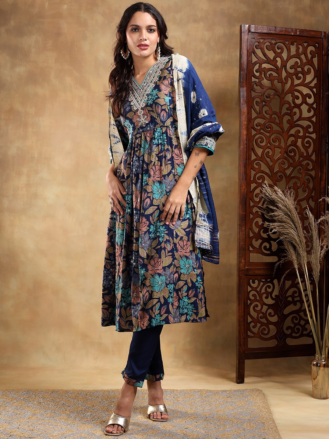 

Bani Women Floral Print Embroidered Pleated Kurta with Trousers & Dupatta, Blue