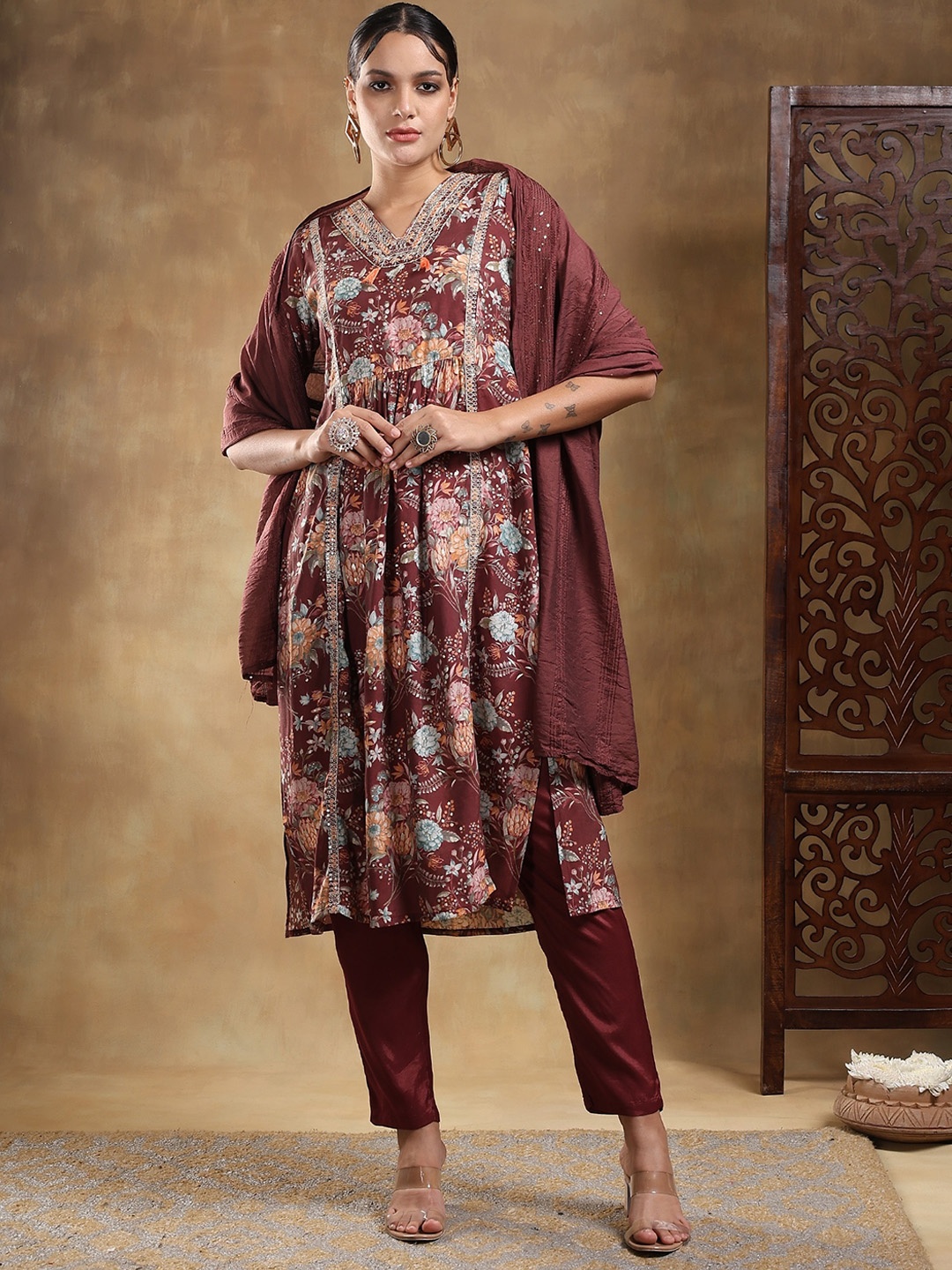 

Bani Women Floral Printed Mirror Work A-Line Pleated Kurta With Trousers & Dupatta, Maroon