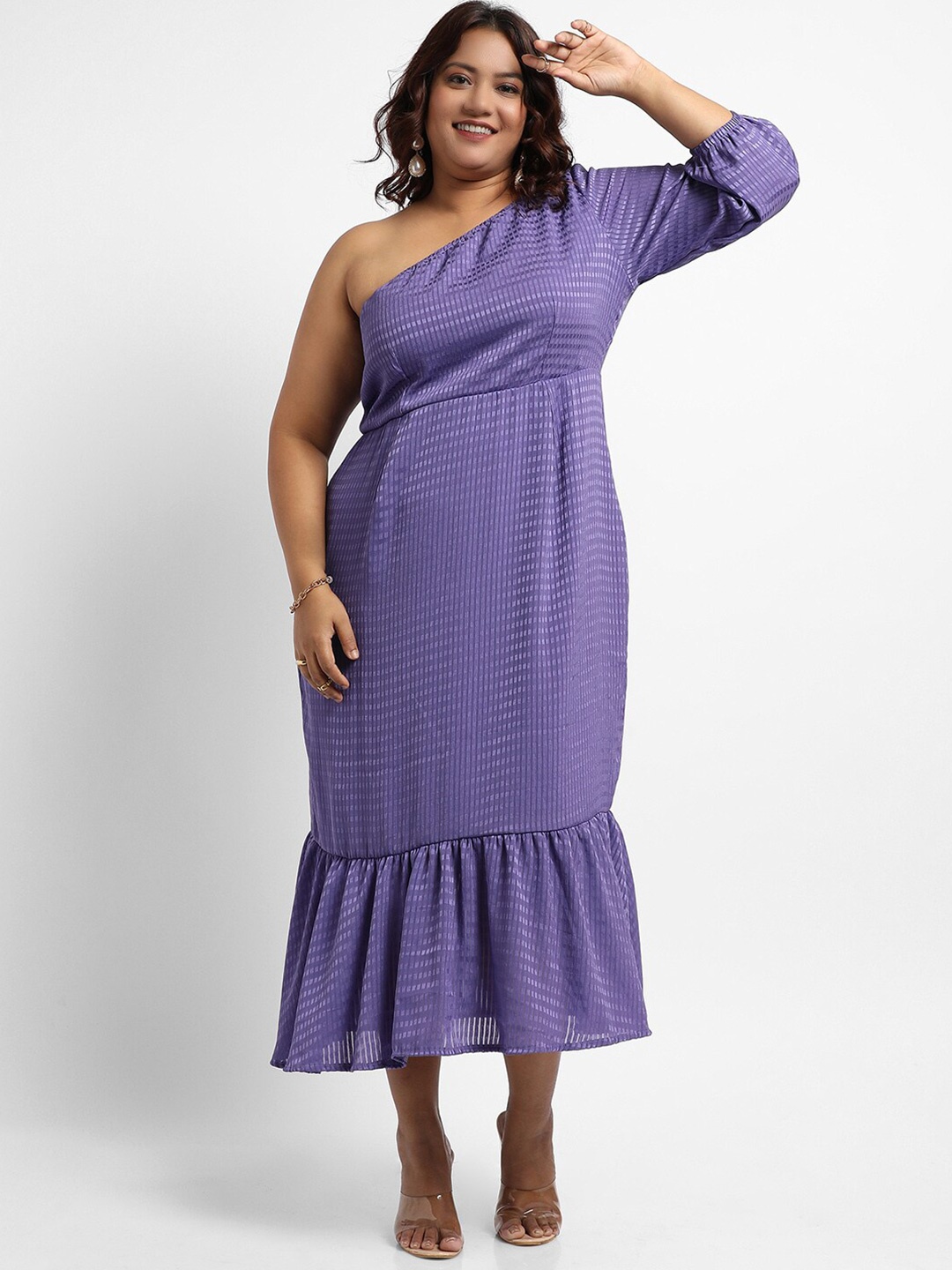 

Instafab Plus Size Self Design One Shoulder Puff Sleeves Flounce Midi A-Line Dress, Purple