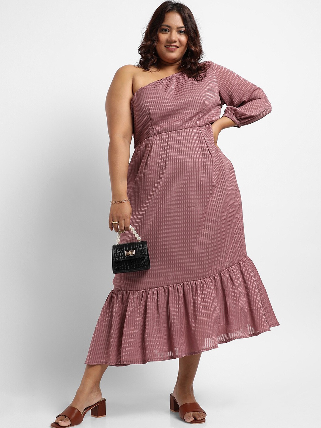 

Instafab Plus Self-Design One Shoulder Fit & Flare Midi Dress, Pink