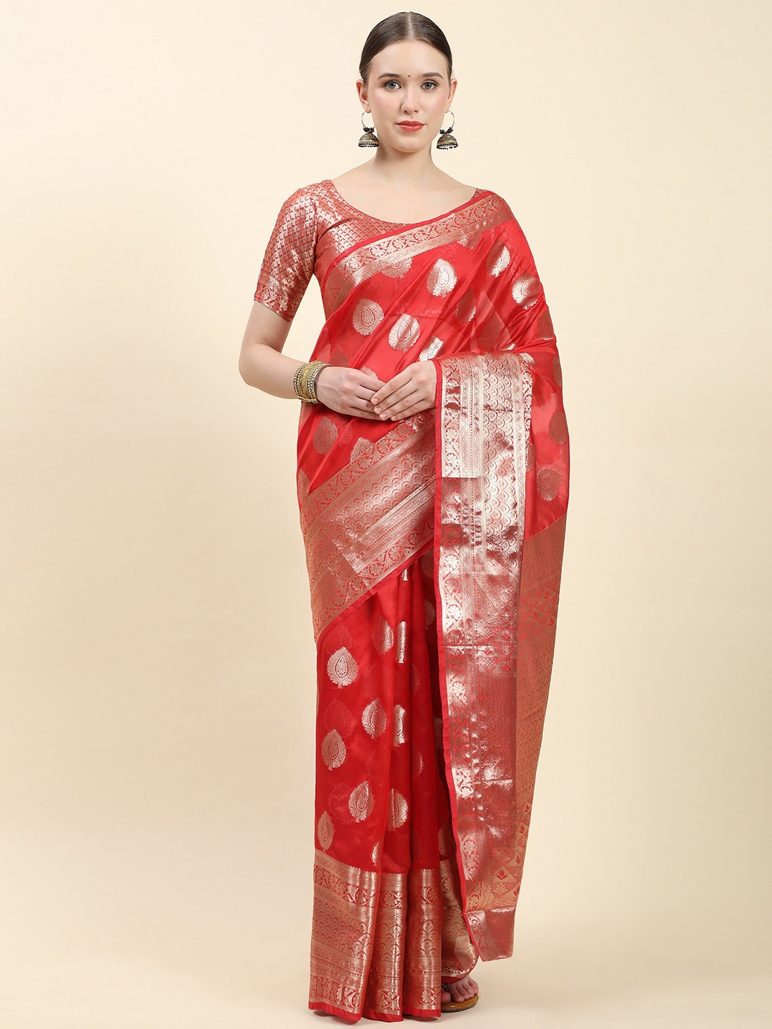 

NOISE Woven Design Zari Organza Heavy Work Banarasi Saree, Red