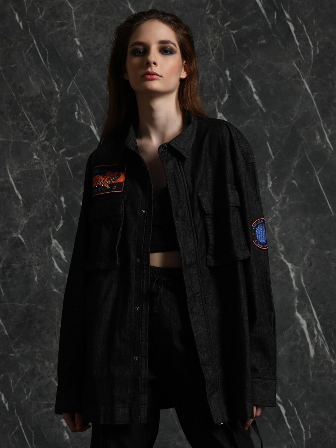 

Breakbounce Black Spread Collar Denim Oversized Casual Shirt