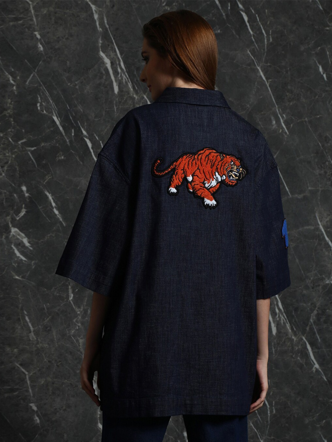 

Breakbounce Navy Blue Spread Collar Denim Oversized Casual Shirt