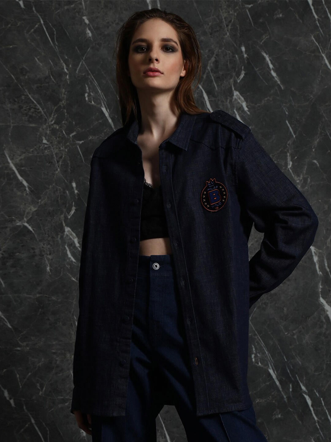 

Breakbounce Navy Blue Relaxed Boxy Denim Casual Shirt