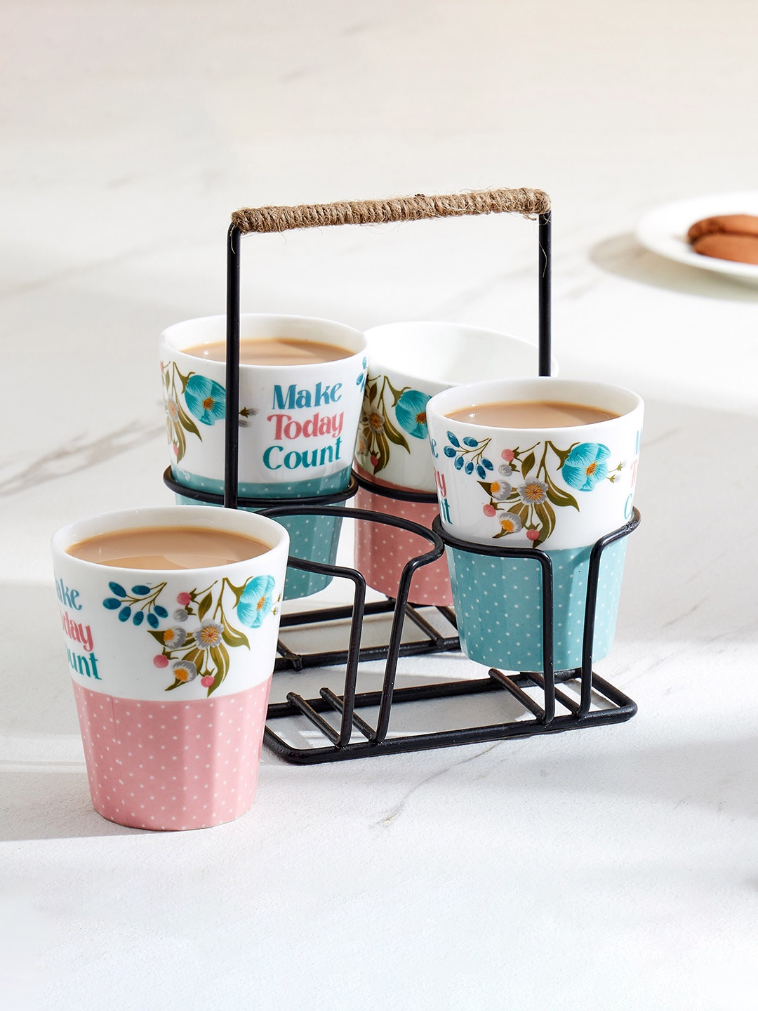 

Home Centre White & Pink 5 Pcs Printed Bone China Cutting Chai Cup With Stand