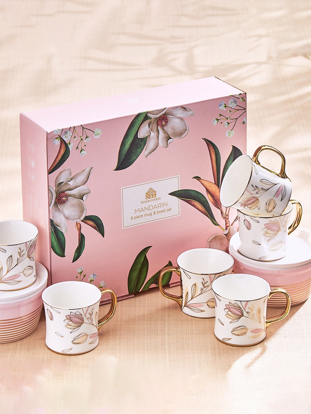 

Home Centre White & Pink 8 Pieces Printed Bone China Glossy Finish Mug and Bowl 200 ml