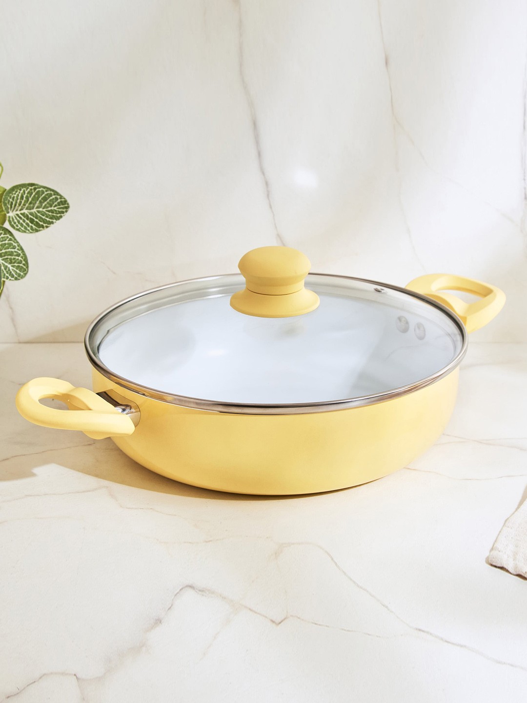 

Home Centre Yellow & White Aluminium Non-Stick Kadhai With Lid