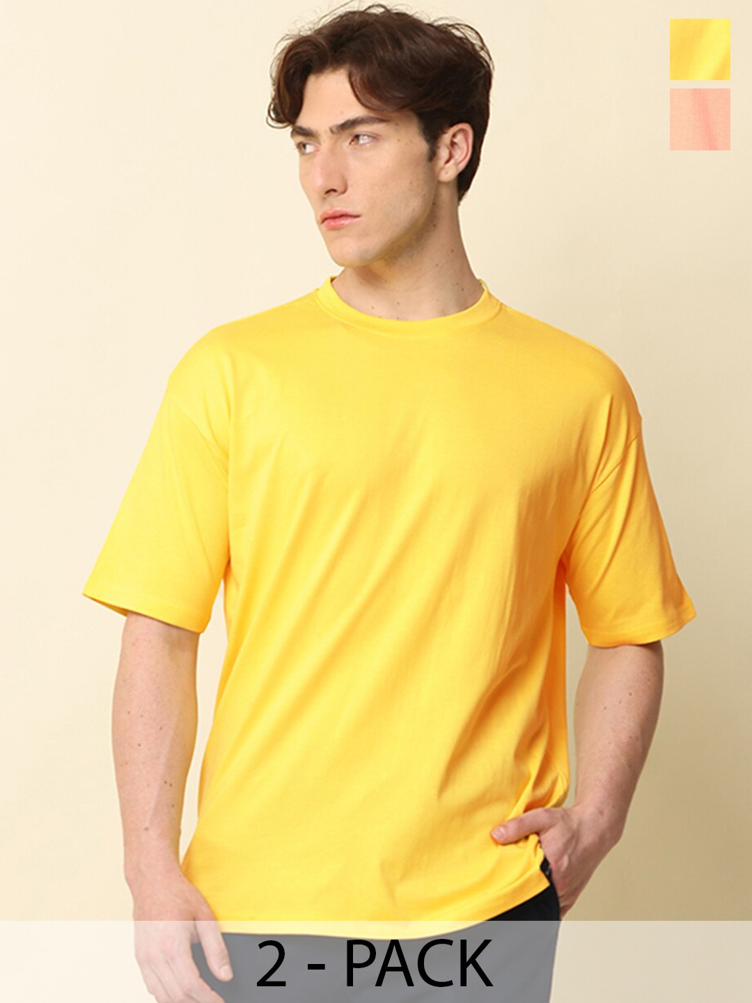 

SILISOUL Pack of 2 Drop Shoulder Sleeves Cotton Bio Finish T-shirts, Yellow