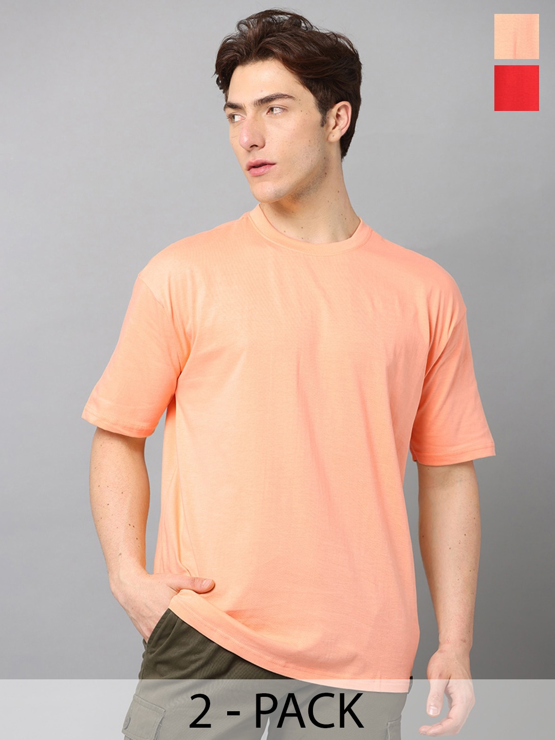 

SILISOUL Pack of 2 Drop Shoulder Sleeves Bio Finish Oversized Pure Cotton T-shirts, Peach