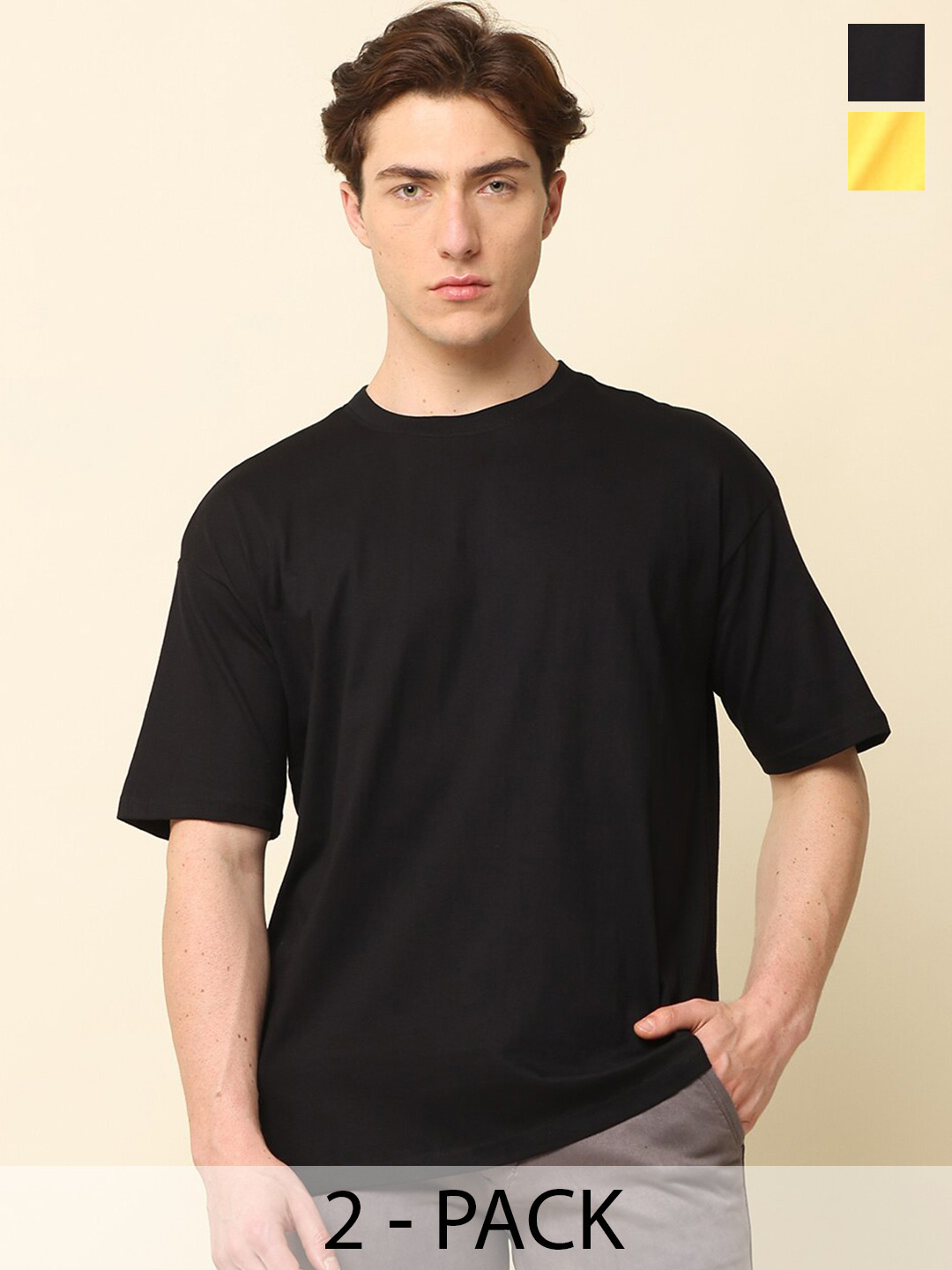 

SILISOUL Pack of 2 Drop Shoulder Sleeves Cotton Bio Finish T-shirts, Black