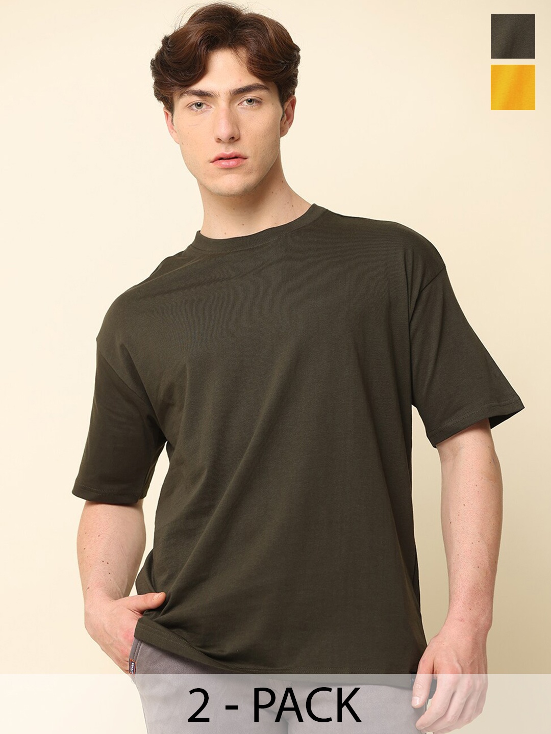 

SILISOUL Pack of 2 Drop Shoulder Sleeves Cotton Bio Finish T-shirts, Olive