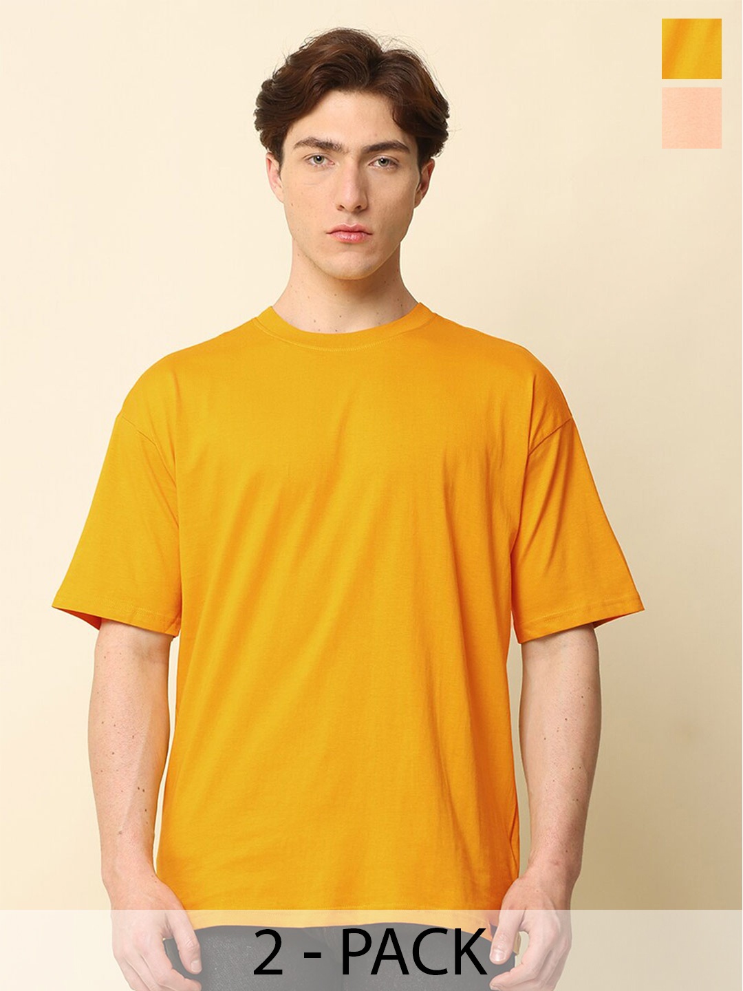 

SILISOUL Pack of 2 Drop Shoulder Sleeves Bio Finish Oversized Pure Cotton T-shirts, Peach