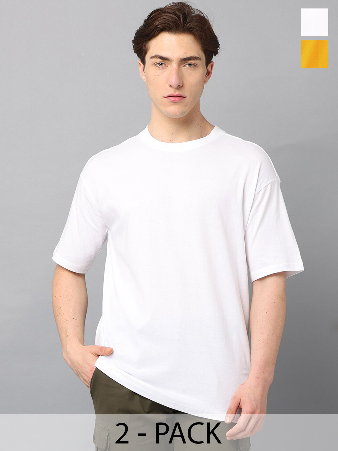 

SILISOUL Pack of 2 Drop Shoulder Sleeves Bio Finish Oversized Pure Cotton T-shirts, Mustard