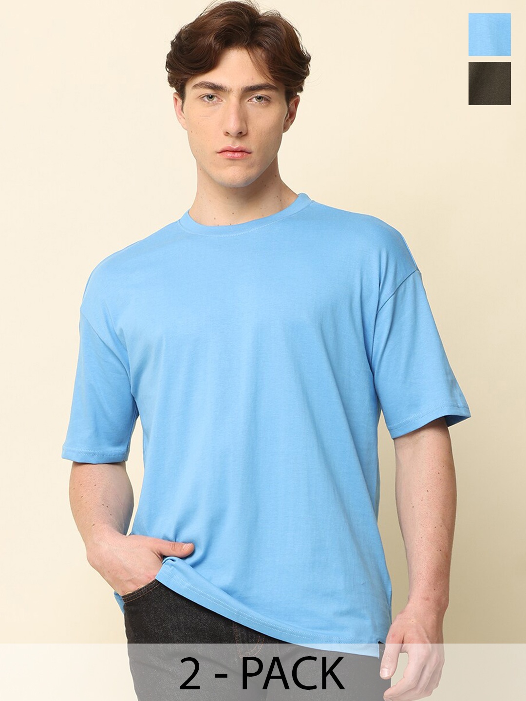 

SILISOUL Pack of 2 Drop Shoulder Sleeves Cotton Bio Finish T-shirts, Blue