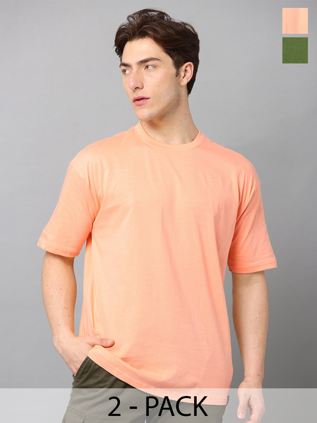 

SILISOUL Pack of 2 Drop Shoulder Sleeves Bio Finish Oversized Pure Cotton T-shirts, Peach