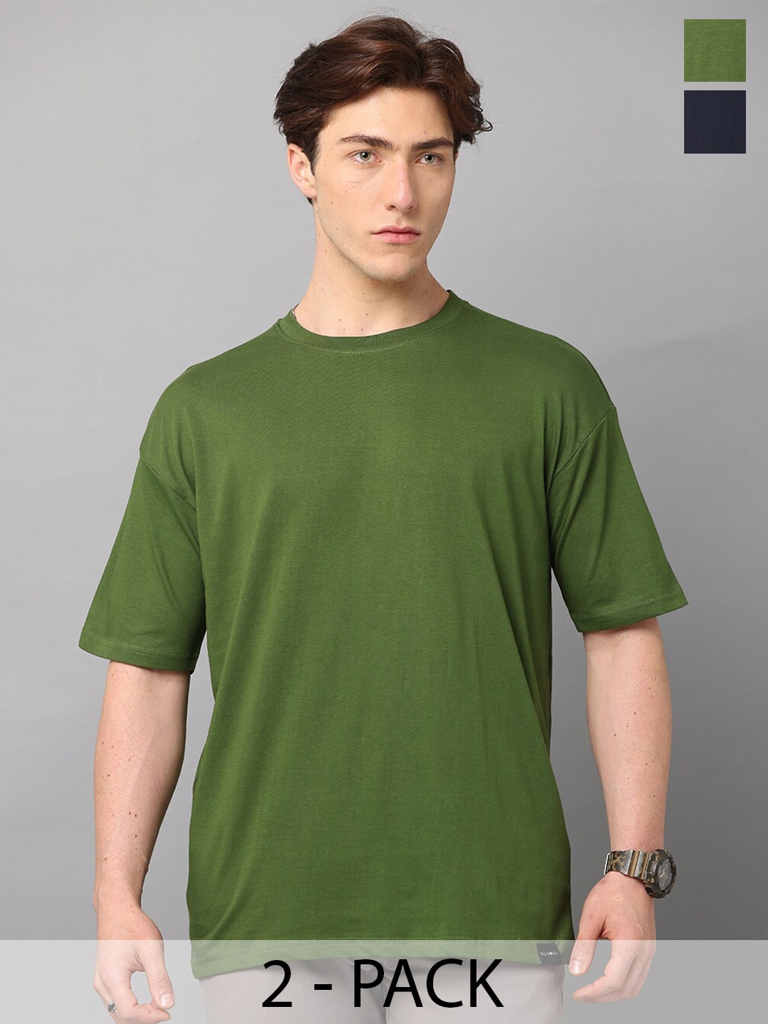 

SILISOUL Pack of 2 Drop Shoulder Sleeves Cotton Bio Finish T-shirts, Green