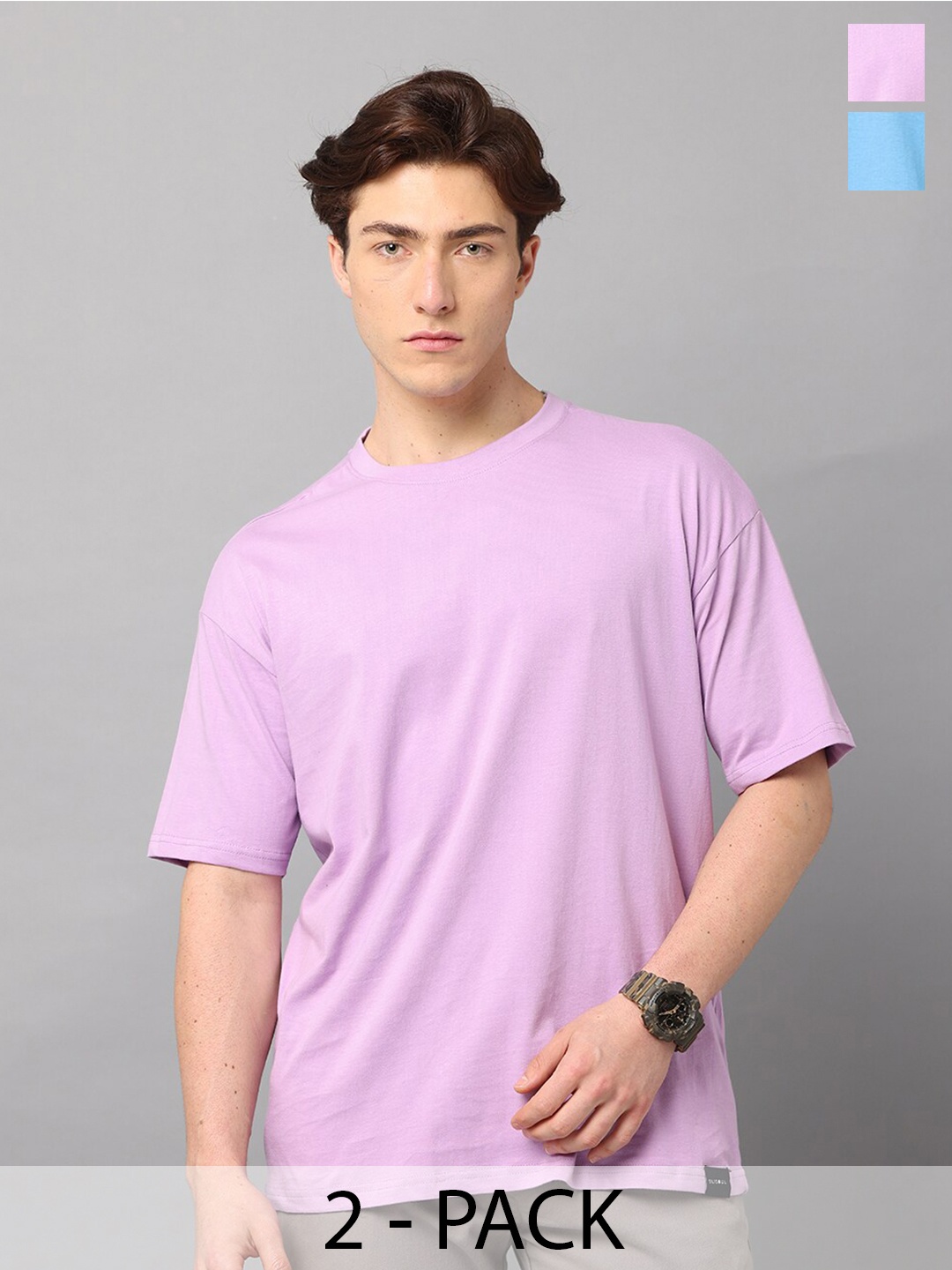 

SILISOUL Pack of 2 Drop Shoulder Sleeves Bio Finish Oversized Pure Cotton T-shirts, Lavender