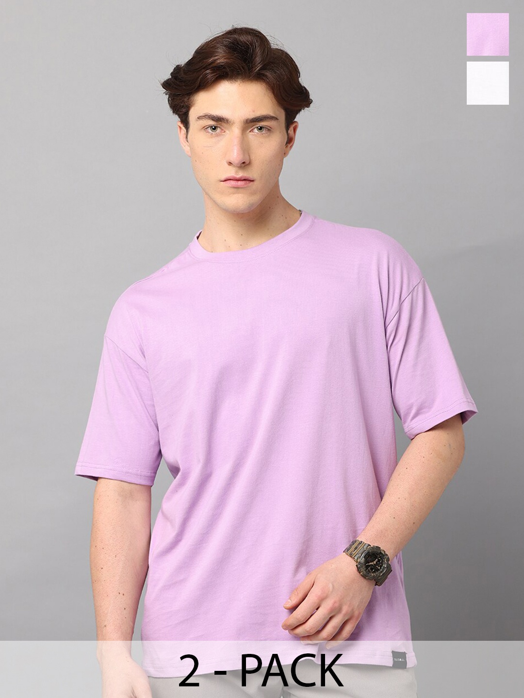 

SILISOUL Pack of 2 Drop Shoulder Sleeves Cotton Bio Finish T-shirts, Lavender