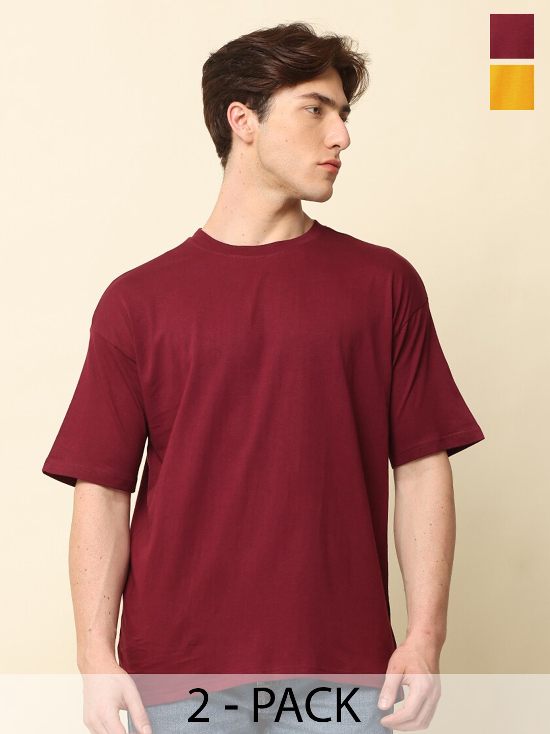 

SILISOUL Pack of 2 Drop Shoulder Sleeves Cotton Bio Finish T-shirts, Maroon