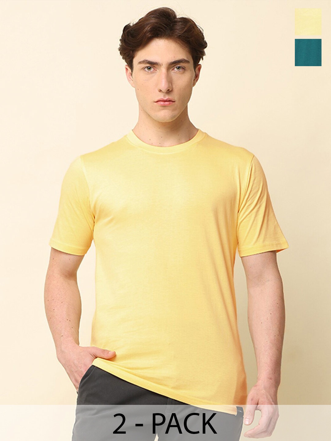 

SILISOUL Pack of 2 Bio Finish Regular Fit Pure Cotton T-shirts, Green