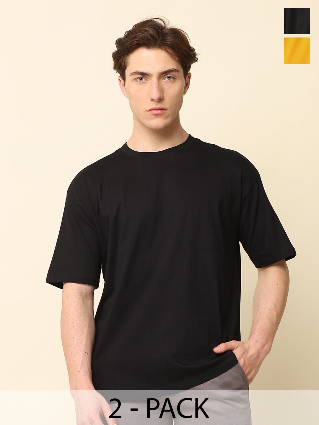 

SILISOUL Pack of 2 Drop Shoulder Sleeves Cotton Bio Finish T-shirts, Black