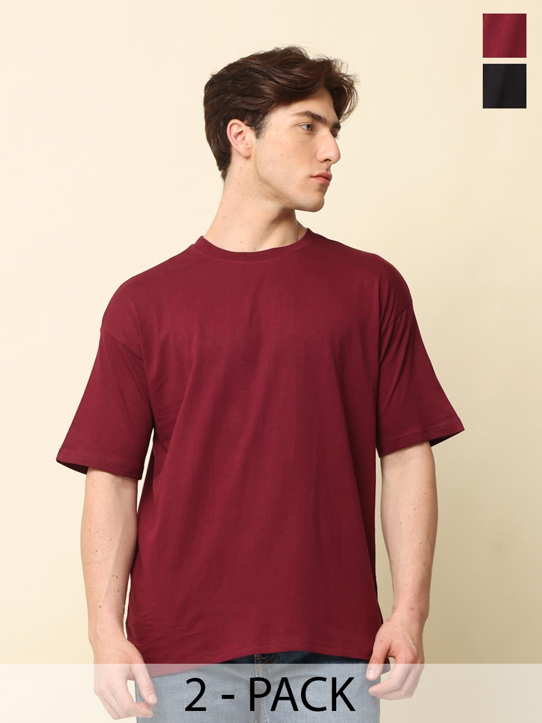 

SILISOUL Pack of 2 Drop Shoulder Sleeves Bio Finish Oversized Pure Cotton T-shirts, Maroon