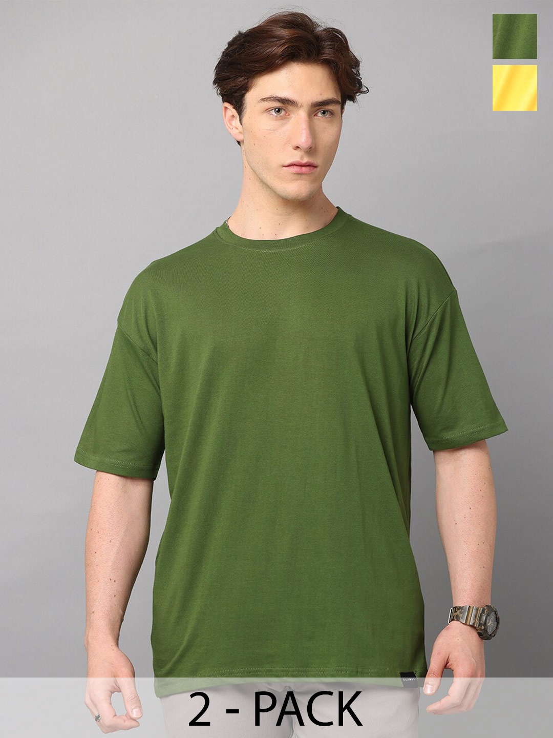 

SILISOUL Pack of 2 Drop Shoulder Sleeves Bio Finish Oversized Pure Cotton T-shirts, Yellow