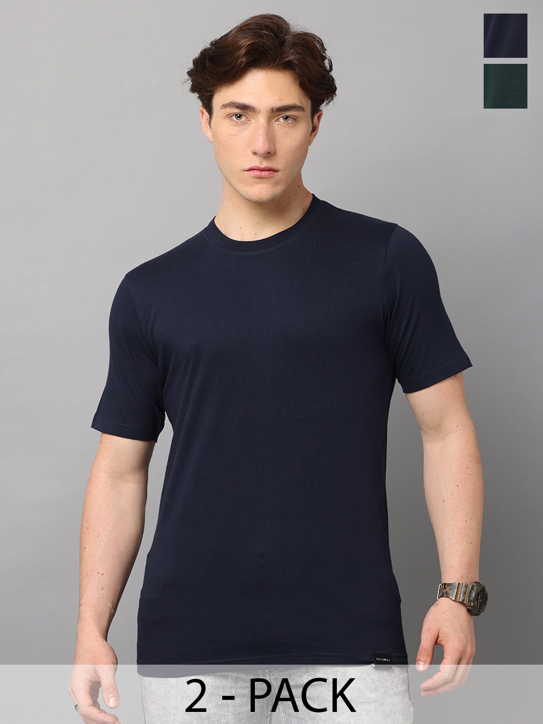 

SILISOUL Pack of 2 Cotton Bio Finish T-shirts, Navy blue