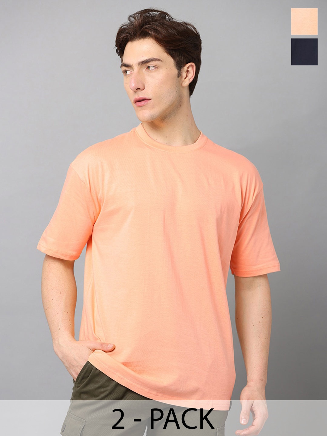 

SILISOUL Pack of 2 Drop Shoulder Sleeves Bio Finish Oversized Pure Cotton T-shirts, Peach