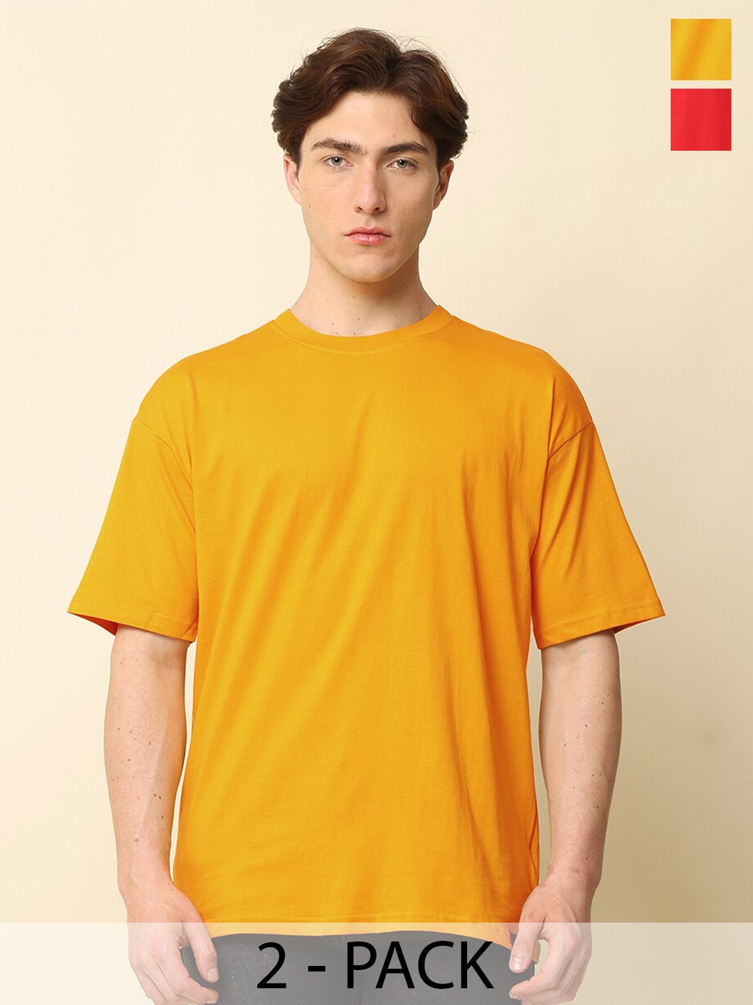 

SILISOUL Pack of 2 Drop Shoulder Sleeves Cotton Bio Finish T-shirts, Mustard