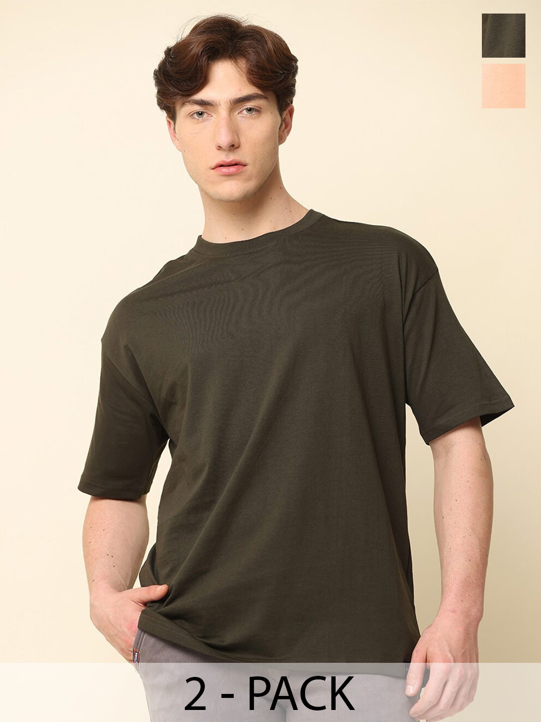 

SILISOUL Pack of 2 Drop Shoulder Sleeves Bio Finish Oversized Pure Cotton T-shirts, Peach