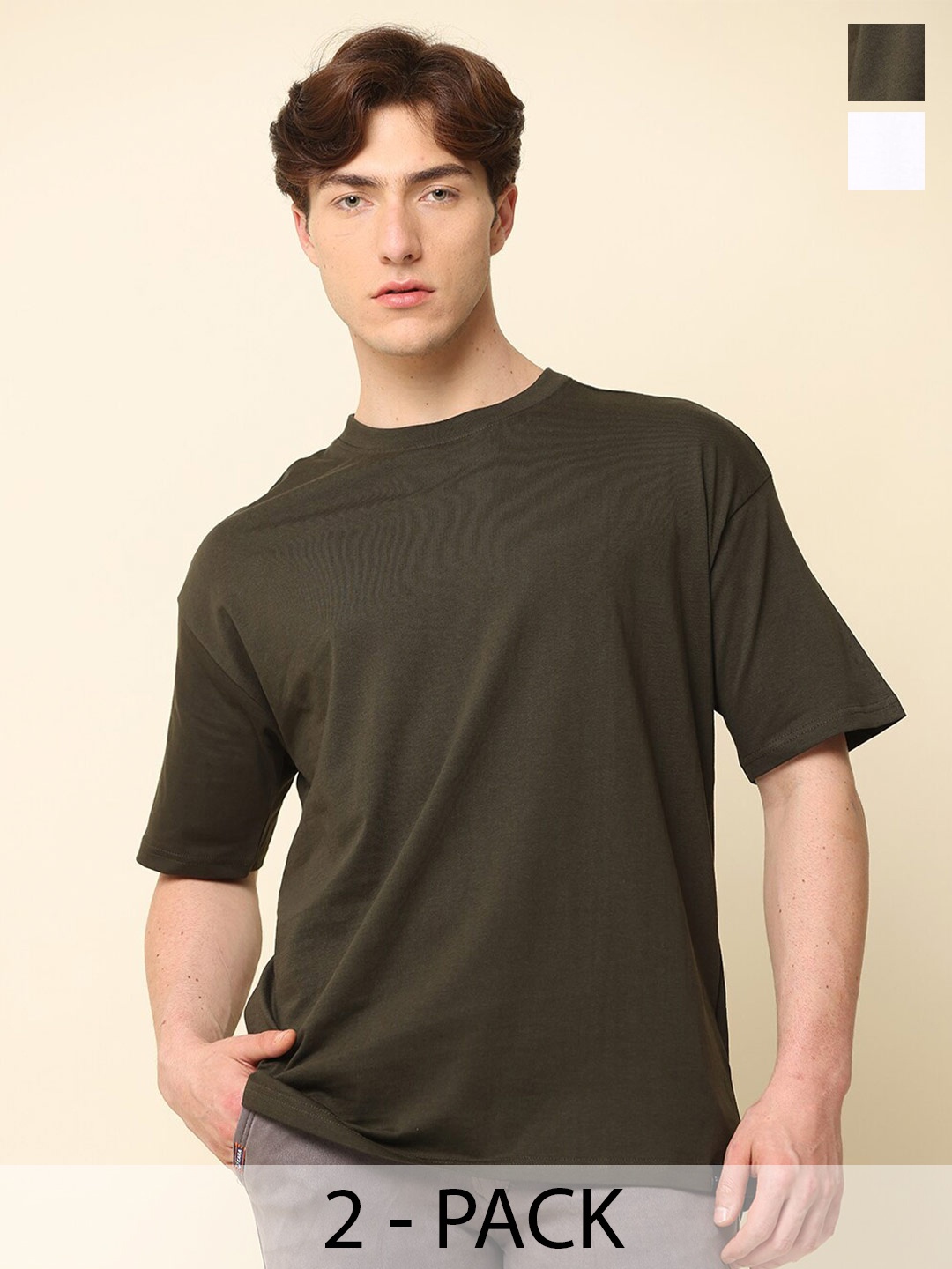 

SILISOUL Pack of 2 Drop Shoulder Sleeves Bio Finish Oversized Pure Cotton T-shirts, Olive