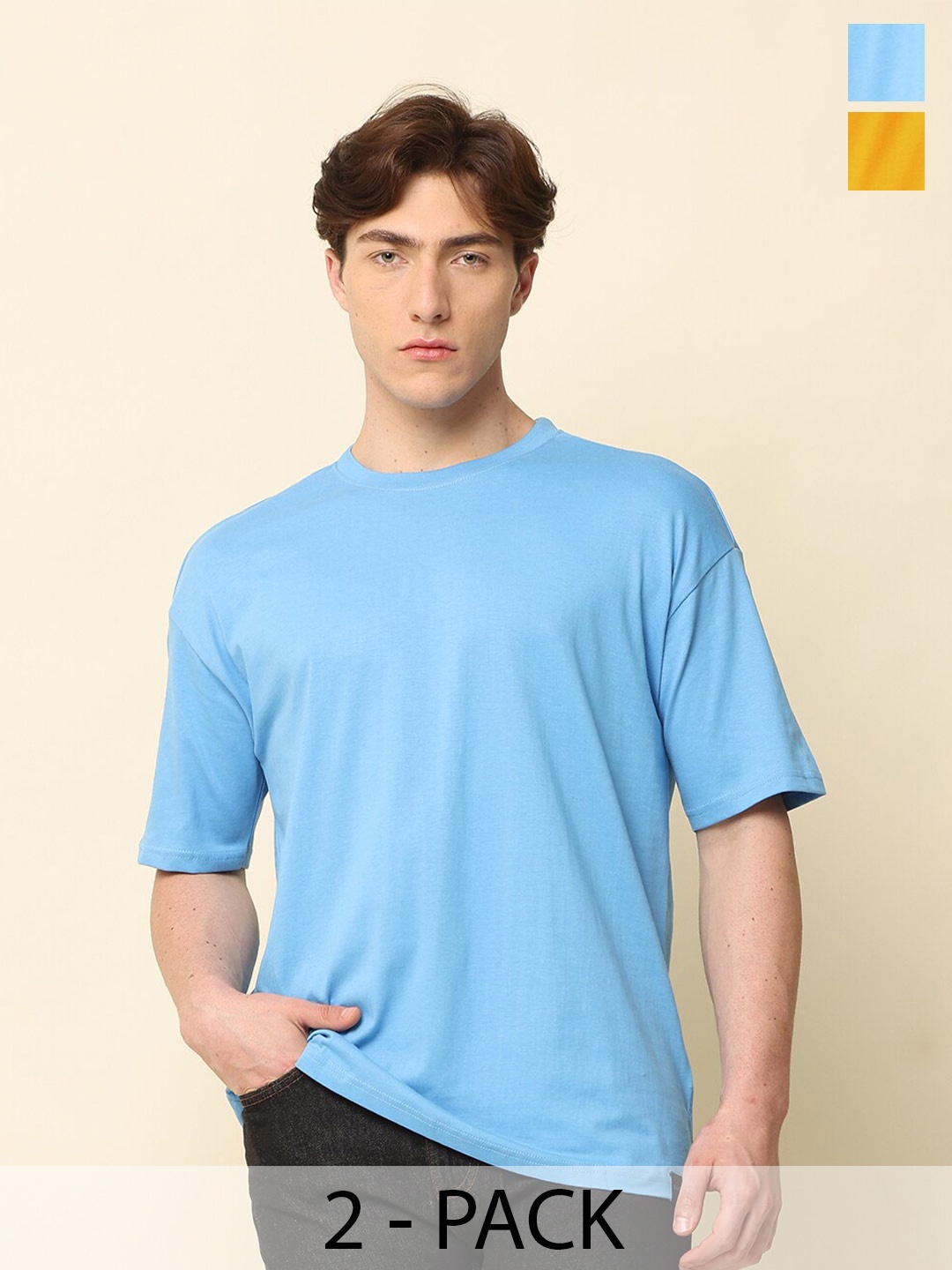 

SILISOUL Pack of 2 Drop Shoulder Sleeves Bio Finish Oversized Pure Cotton T-shirts, Mustard