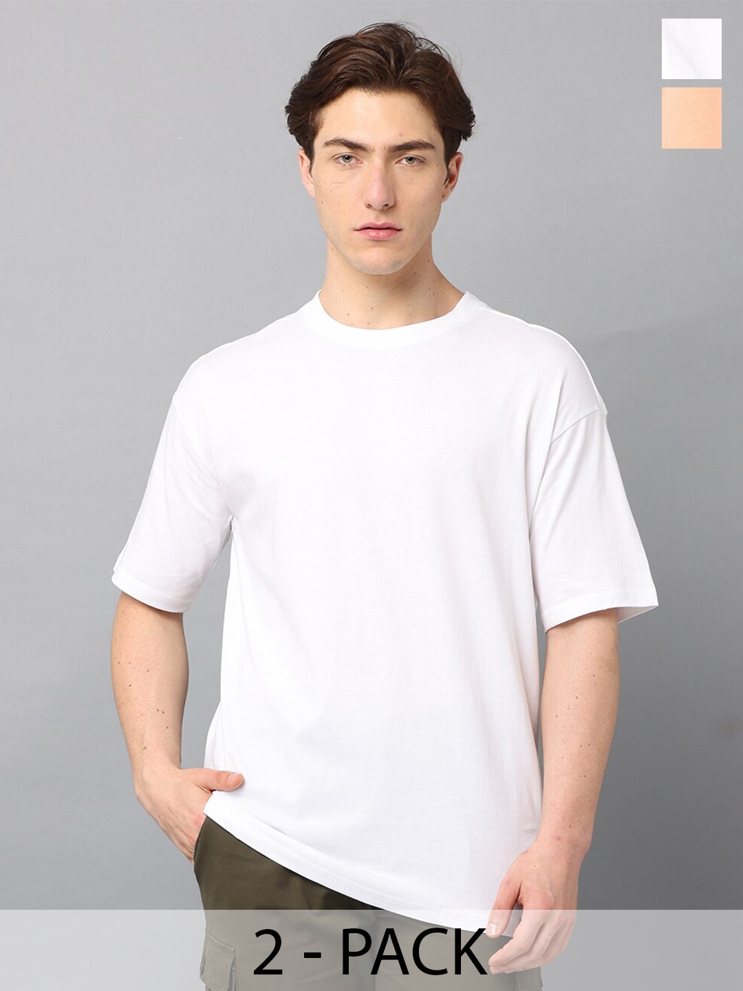 

SILISOUL Pack of 2 Drop Shoulder Sleeves Bio Finish Oversized Pure Cotton T-shirts, Peach