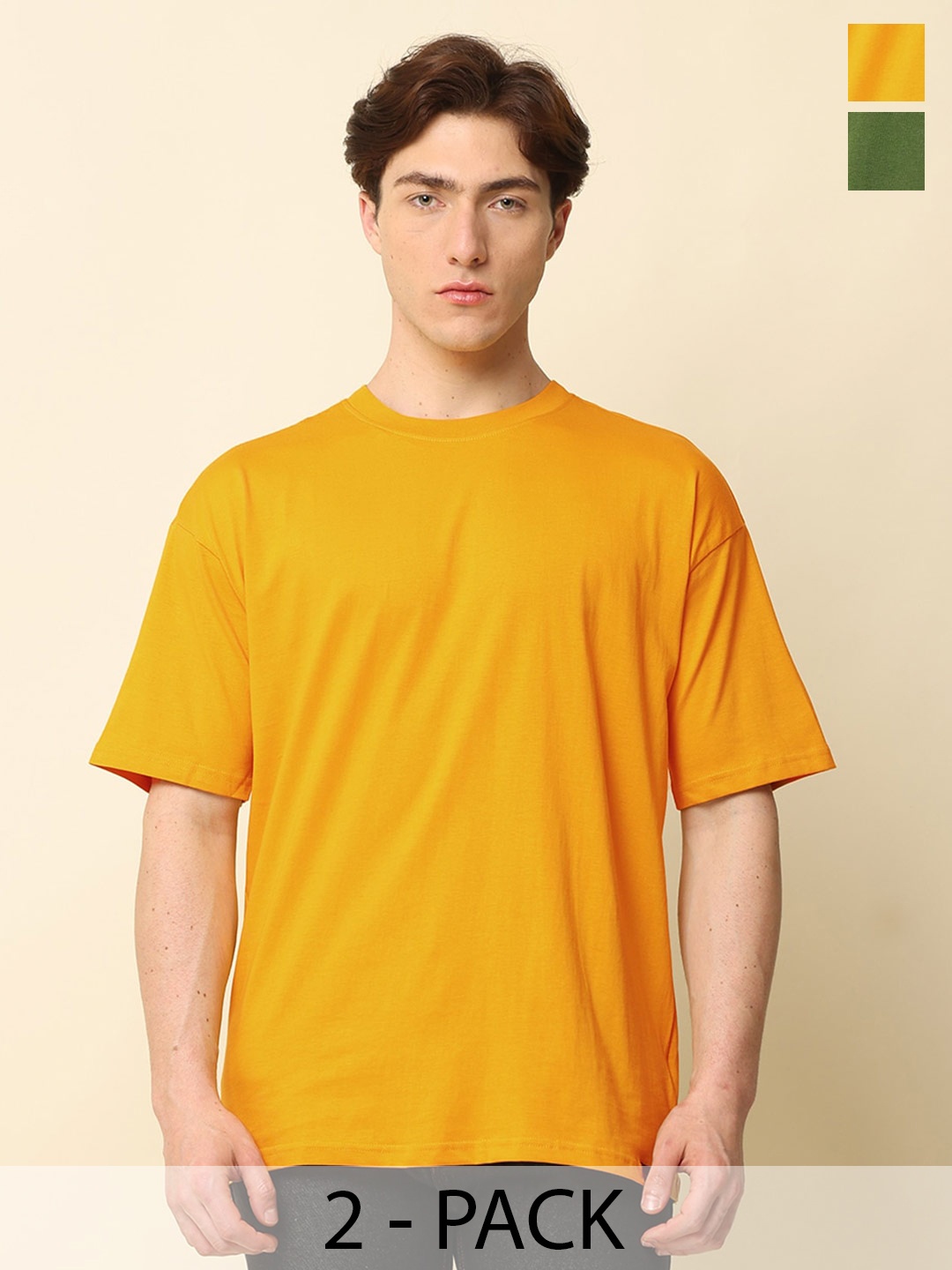 

SILISOUL Pack of 2 Drop Shoulder Sleeves Bio Finish Oversized Pure Cotton T-shirts, Mustard