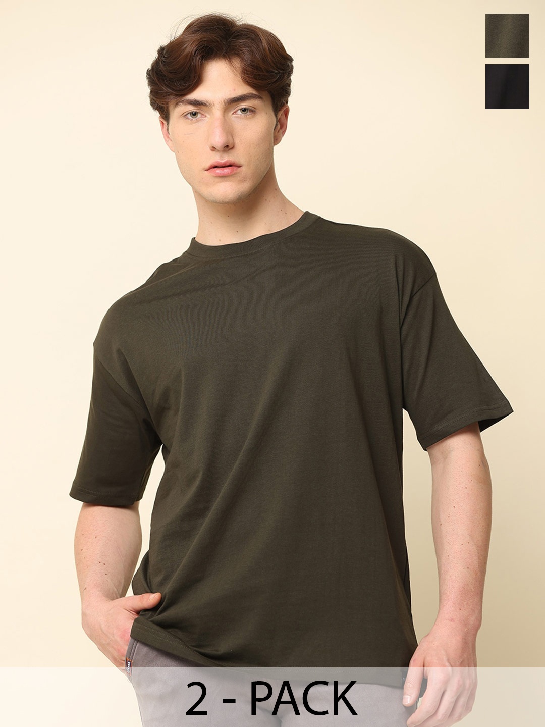 

SILISOUL Pack of 2 Drop Shoulder Sleeves Cotton Bio Finish T-shirts, Olive